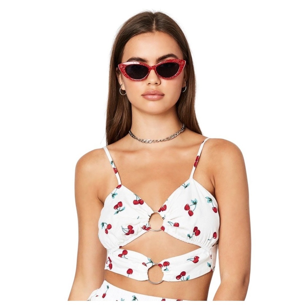 Millau Cherry Print Double Ring Top Women Medium White NWT Cutout Crop Boho